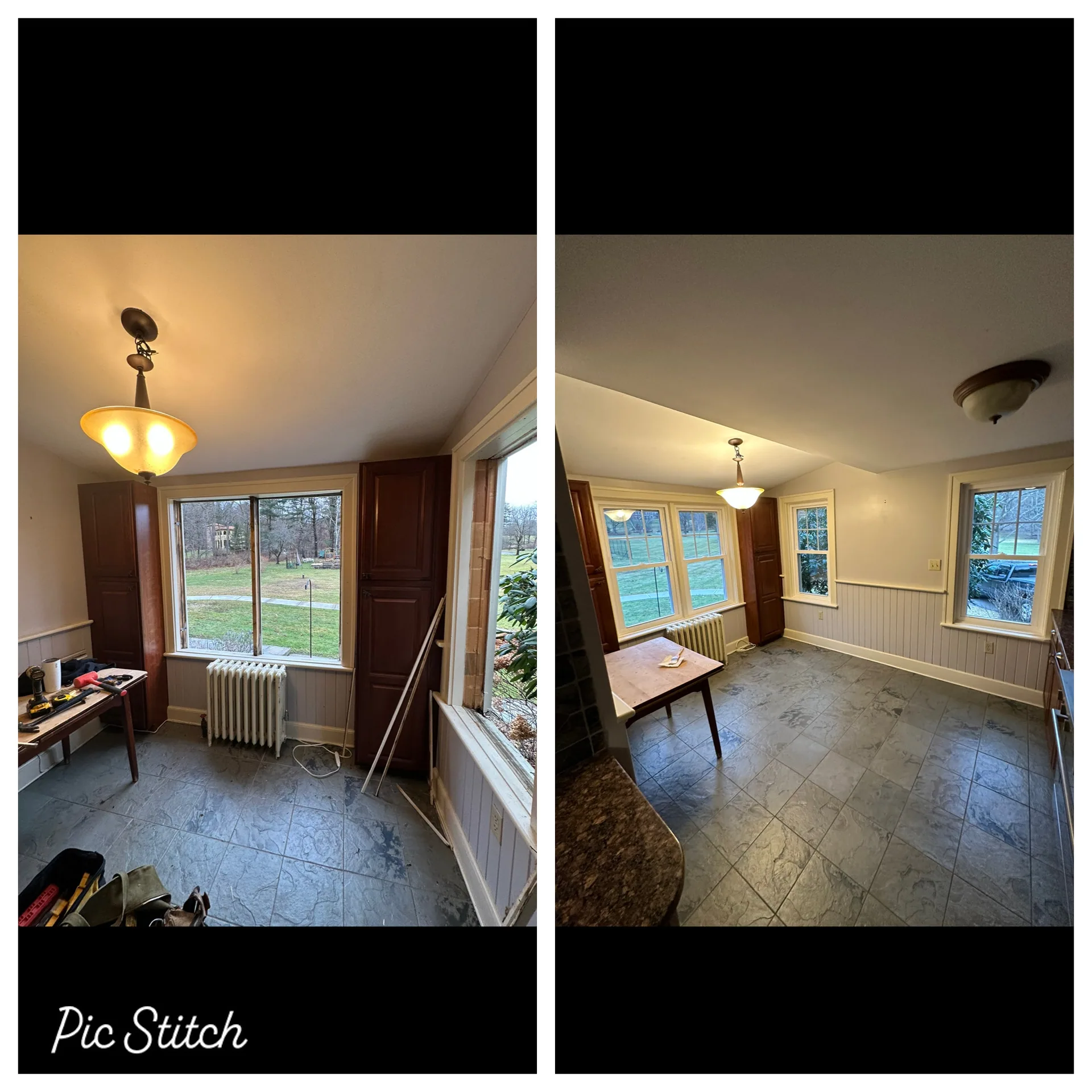 Interior room before and after renovation