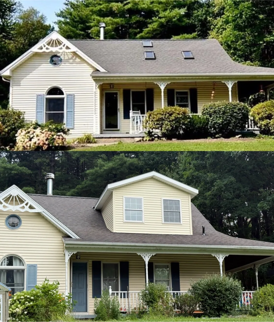 Metal roof installed on a yellow farmhouse