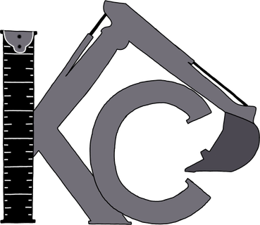 Upstate KC Builders logo, a KC monogram formed from an excavator arm and a tape measure