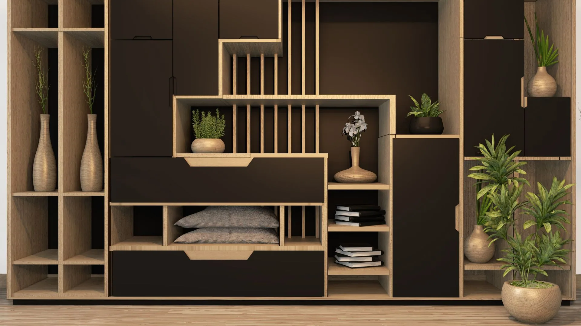 Fitted wooden shelving built into a home interior