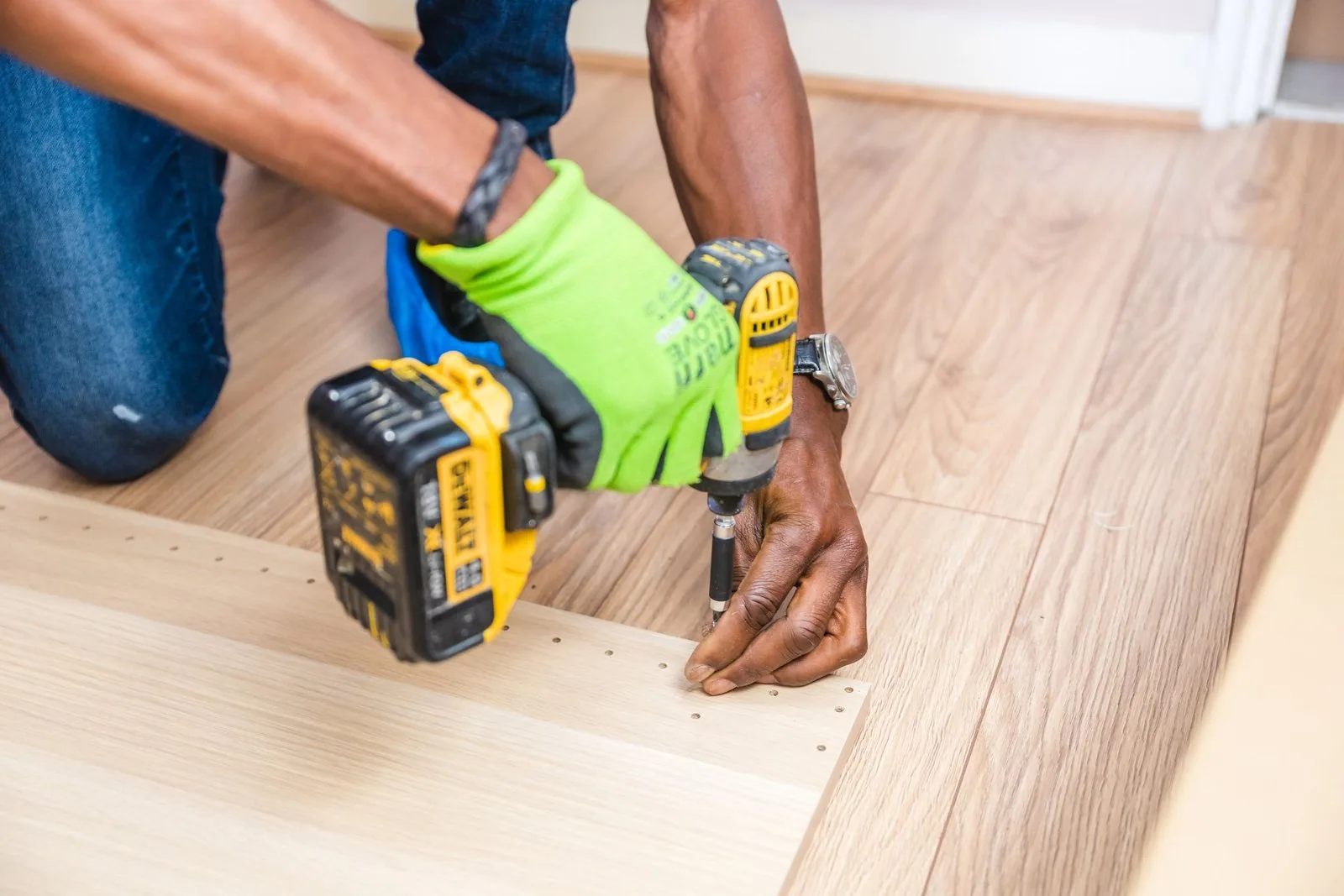 Hardwood flooring installation during a home remodel