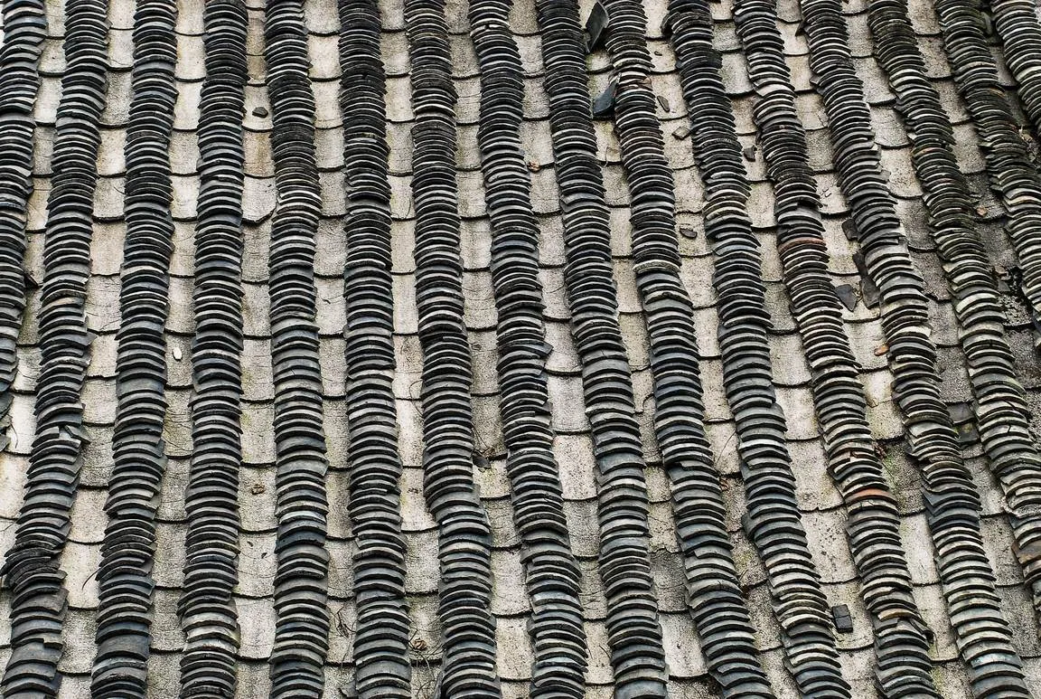 Detail of natural slate roof tiles showing overlapping courses